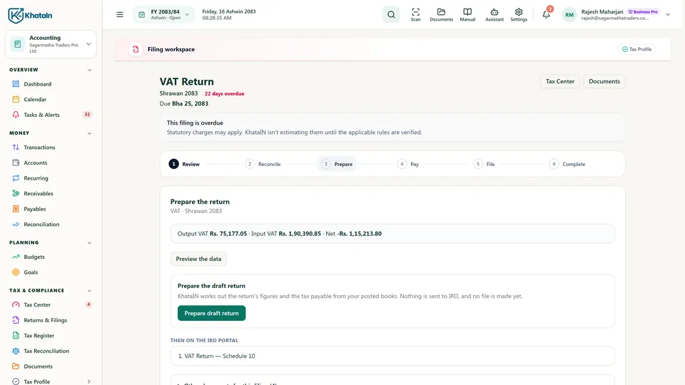 KhataIN Tax & Compliance screen
